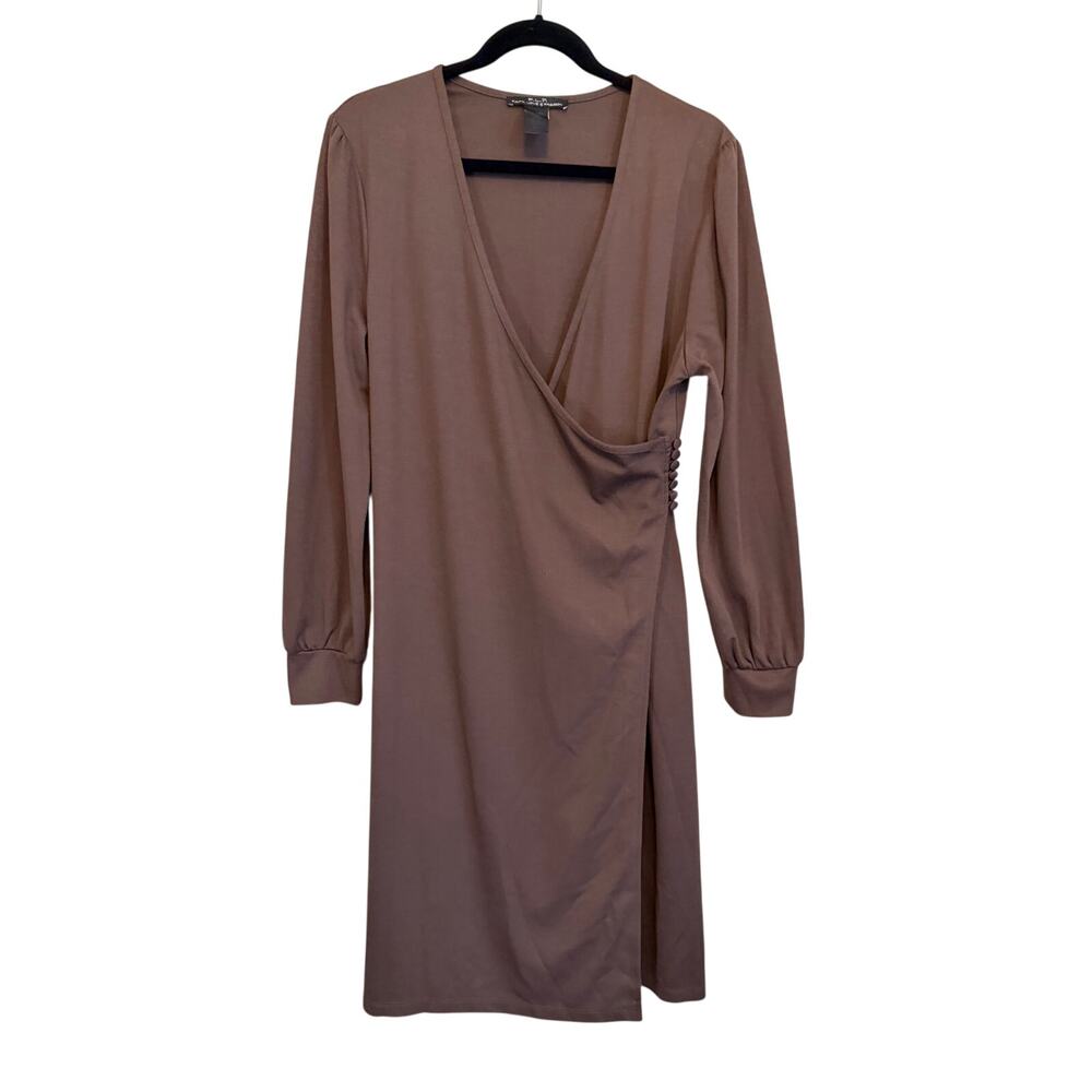 F.L.P. Wrap Dress Large Brown Midi Long Sleeve Surplice V-Neck Casual Party Chic